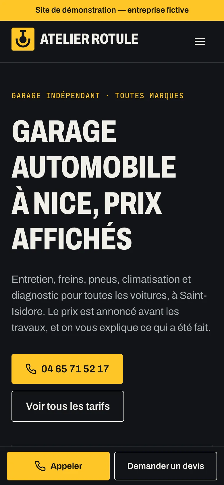 Page d’accueil du site Atelier Rotule sur téléphone