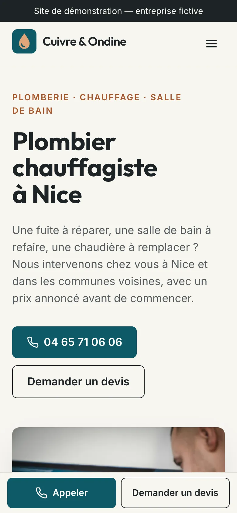 Page d’accueil du site Cuivre & Ondine sur téléphone