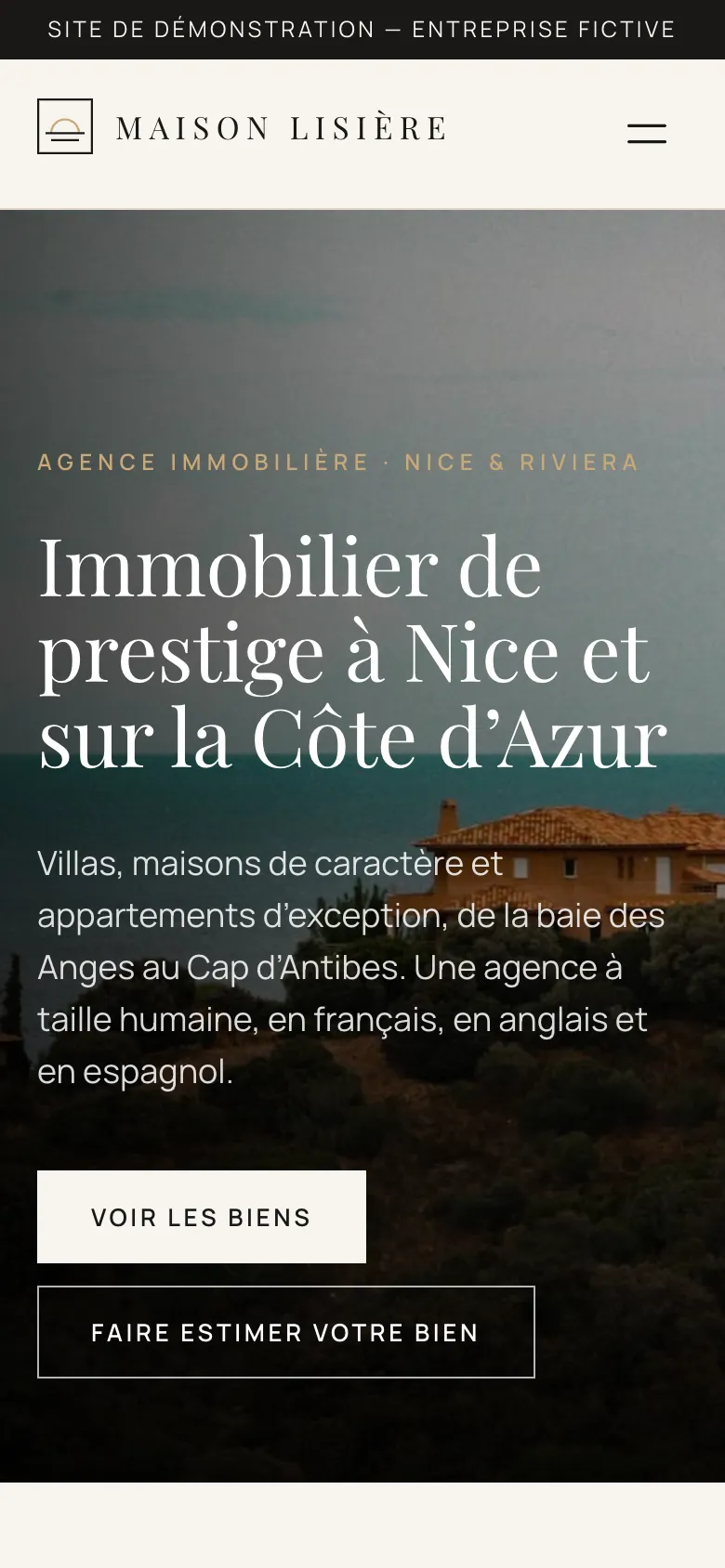 Page d’accueil du site Maison Lisière sur téléphone