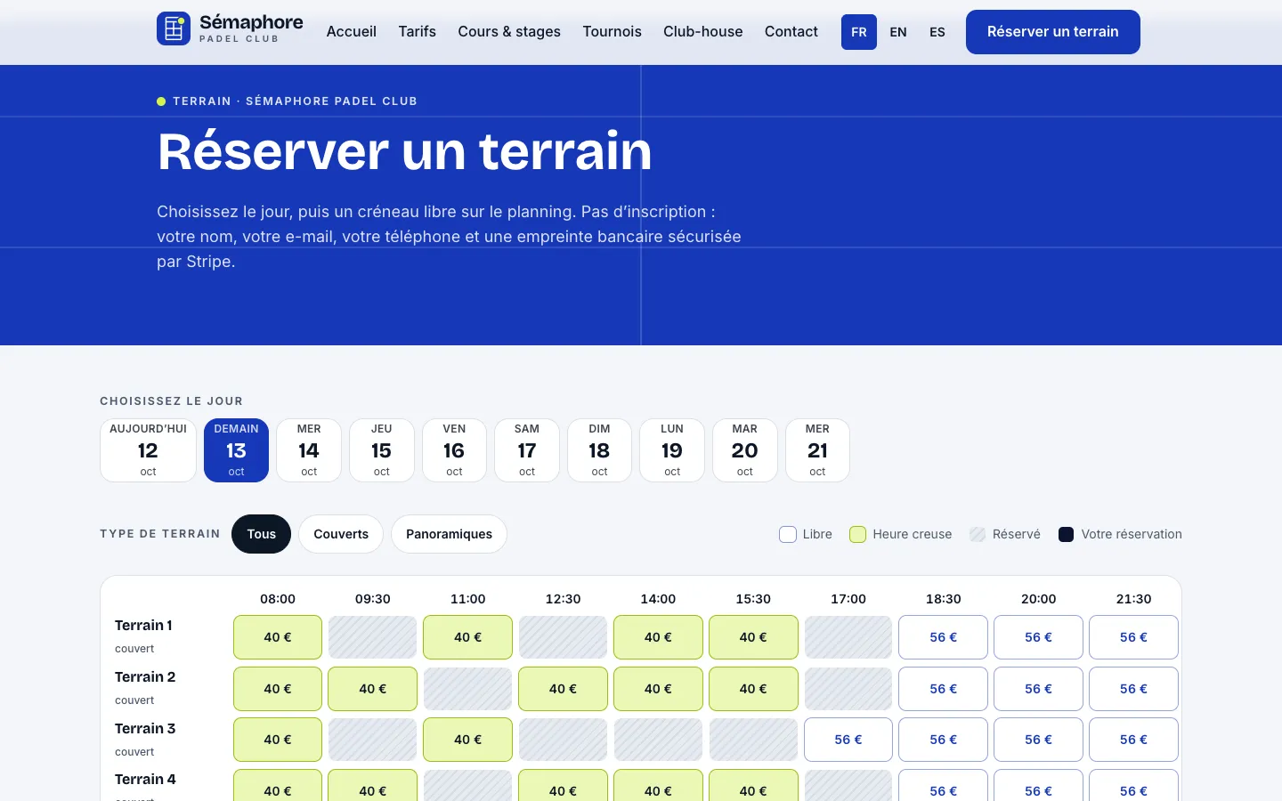 Page d’accueil du site Sémaphore Padel Club sur ordinateur