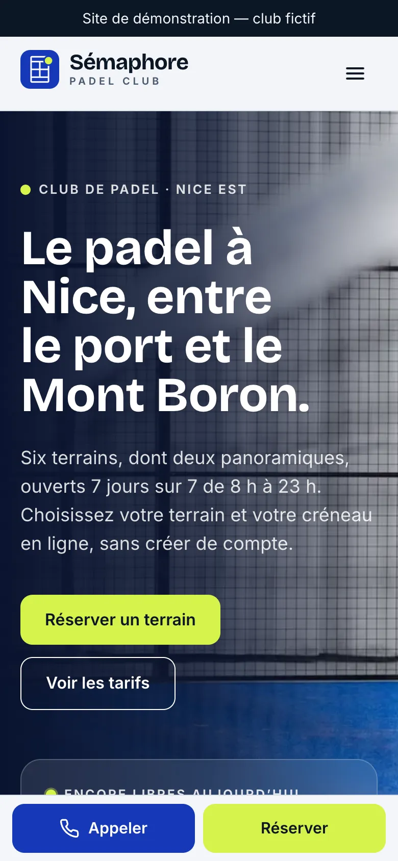 Page d’accueil du site Sémaphore Padel Club sur téléphone